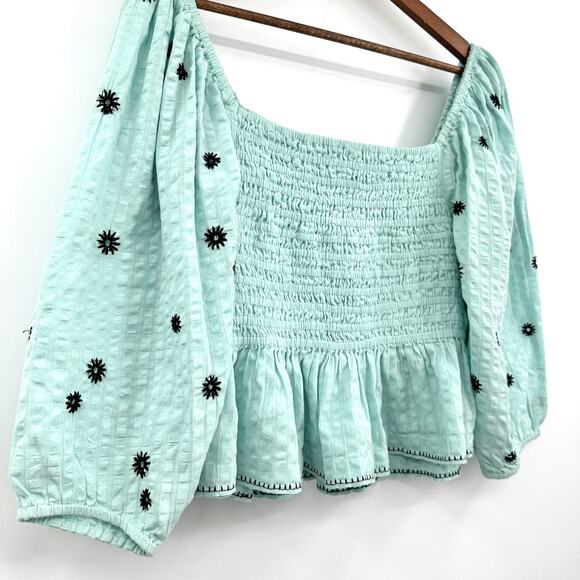 Tanya Taylor Emma Top Aqua and Navy Smocked Top with Balloon Sleeves Ruffles Med - Picture 4 of 11